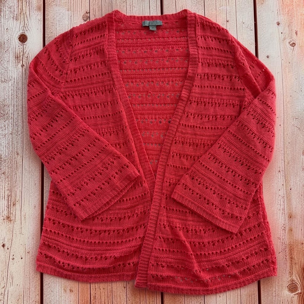 Joseph A Coral Pink Pointelle Crochet Knit Open Front Cardigan 3/4 Sleeve Medium